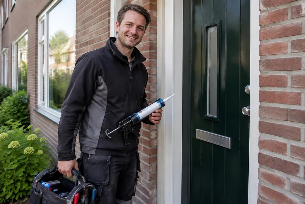 Vakman van Kitbedrijf Achterveld bij de voordeur van een woning